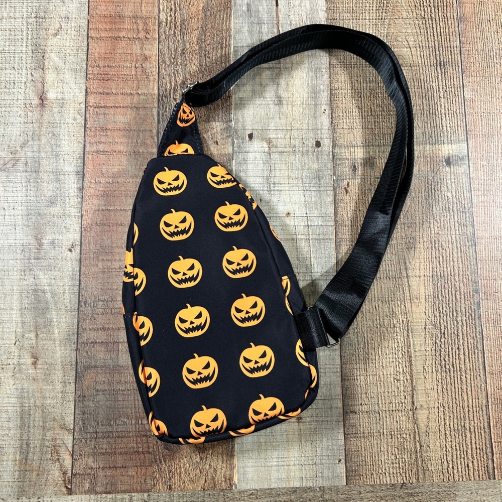 Halloween Pumpkin Black Orange Sling Bag Crossbody Backpack Travel Purse - Picture 5 of 5